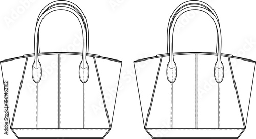Tote bag vector illustration, handbag technical flat sketch, front and back view, leather handle design, structured fashion accessory drawing