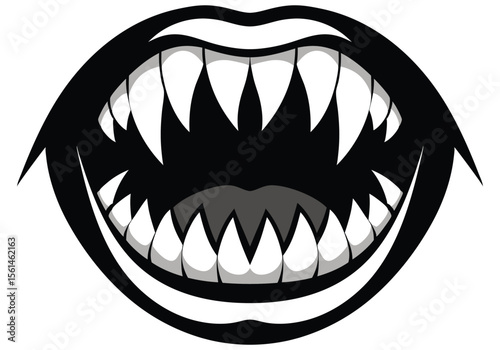 Aggressive Monster Mouth: Black and White Cartoon Illustration, Fangs, Threatening, Vector Graphic
