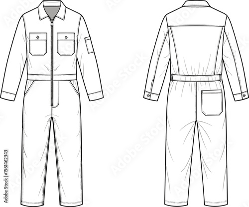 Utility jumpsuit technical flat, front and back view, zipper closure, cargo pocket, fashion sketch, vector template, cad design illustration