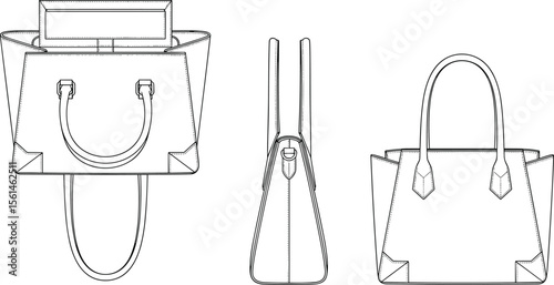 Tote handbag technical drawing, front, side, and back views, structured leather bag design, fashion cad sketch, vector illustration