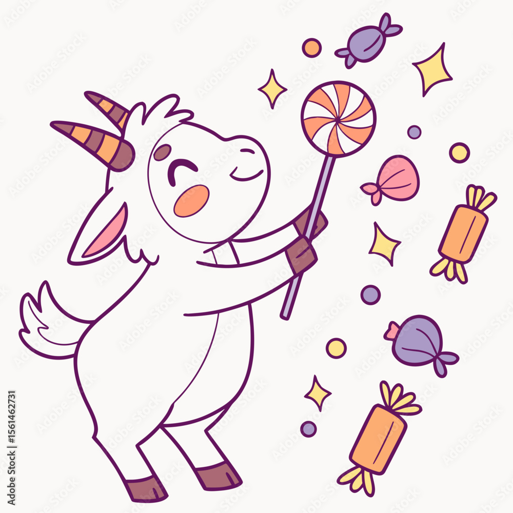 Fototapeta premium Joyful Pygmy Goat with with a magic wand, set in a charming Birthday theme – Candy Shop color vector art