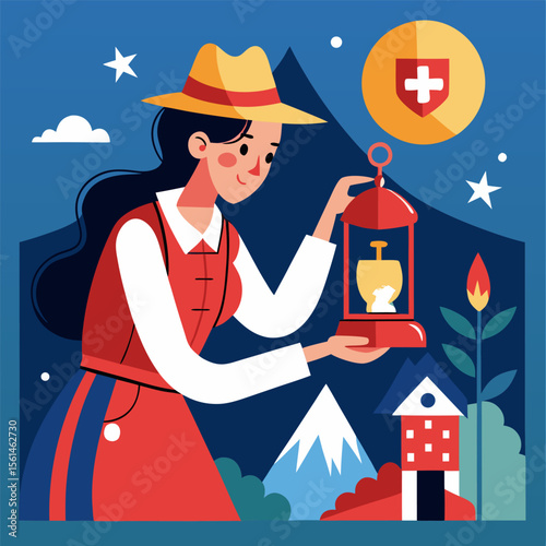 Young swiss girl in traditional attire lighting a festive lantern at night