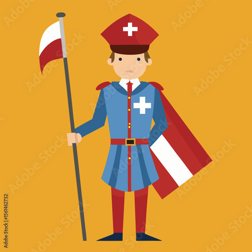 Swiss guard in ceremonial uniform holding national flag