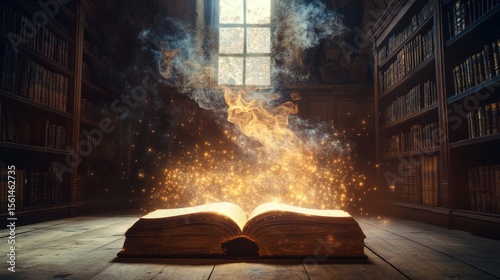 An open ancient book glows with magic in a dark library with sunlight shining through a window.