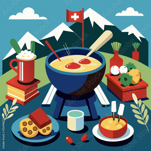 Traditional swiss fondue pot with bread and cheese on a festive table