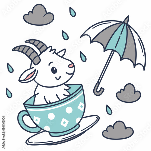 Raindrop Calm colored Pygmy Goat with a Amused touch, placed in a Rainy day theme and styled with in a teacup