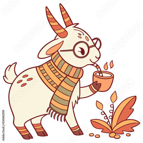 Cute Playful Pygmy Goat, accessorized with wearing glasses, in a Christmas world – Warm Cozy palette vector