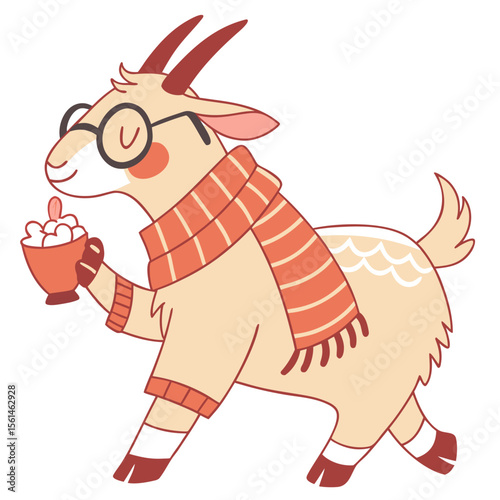 Cute Playful Pygmy Goat, accessorized with wearing glasses, in a Christmas world – Warm Cozy palette vector