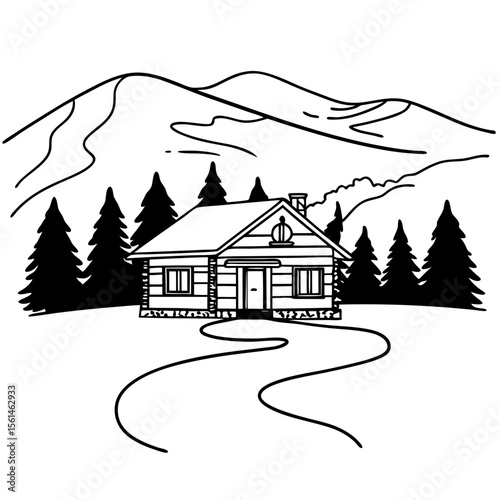Cabin in the Woods Illustration Vector Mountain Landscape Art