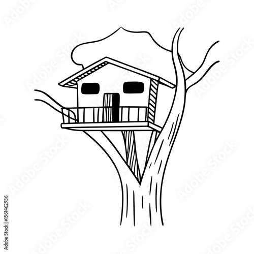 Treehouse Vector Illustration Whimsical Line Art Kids Design