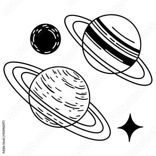 Planets and Star Black and White Vector Line Art Illustration