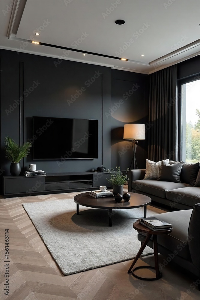 Fototapeta premium Modern Minimalist Living Room with Black Accents Sleek Furniture, Dark Walls, Stylish Decor. Perfect for Interior Design, Home Decor, and Real Estate.