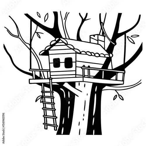 Treehouse Vector Illustration Whimsical Black and White Line Art