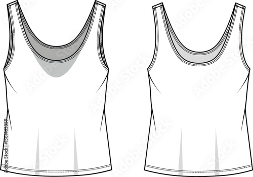 Women's tank top flat sketch, technical vector drawing, front and back view, casual summer wear, gym singlet, layered neckline