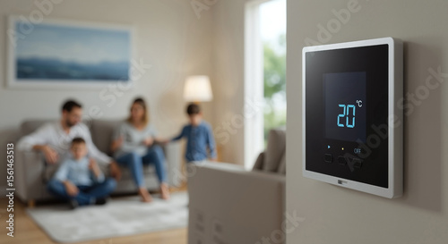 Smart home thermostat displaying 20 degrees with family relaxing on sofa in background. Digital temperature control panel mounted on white wall. Home automation technology. Climate services