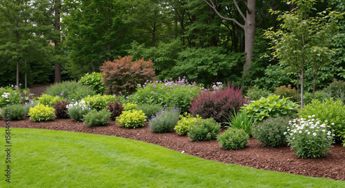 Fototapeta Naklejka Na Ścianę i Meble -  Garden border with mixed colorful plants and green lawn edge. Landscaped flower bed featuring various shrubs perennials near manicured grass. Professional garden design. Landscaping services