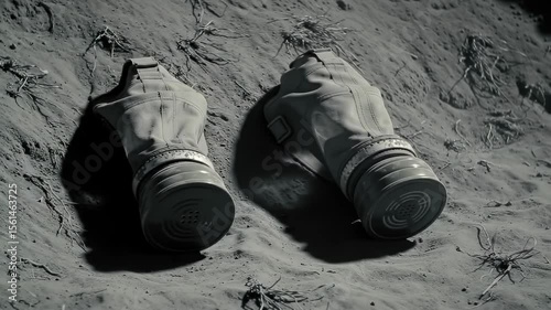 Gas masks in monochrome, depicting environmental danger and apocalypse