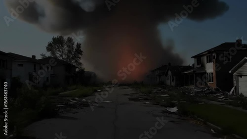 Nuclear explosion and tornado devastation in abandoned street scene