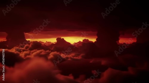 Dramatic lightning strikes above thick clouds during a fiery sunset