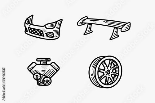 sport bumper, low spoiler racing, v engine, split spoke, car wheel rim engraving doodle illustration vector design set for automotive, racing, garage, workshop, vehicle, custom service, repair
