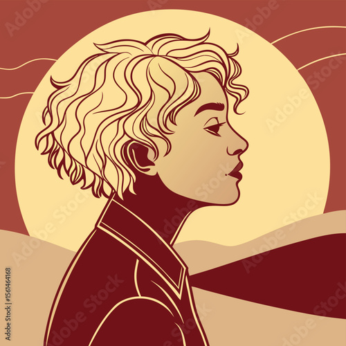 Illustration of a woman with short curly hair looking to the right in profile with a striped background