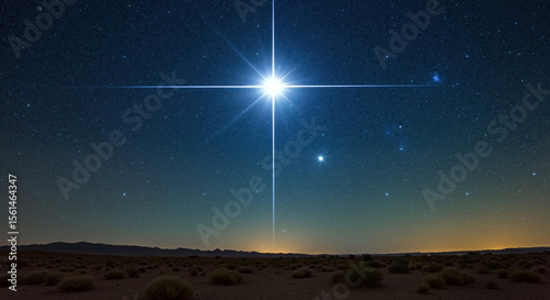 Bright star with cross beams over desert landscape at night sky. Astronomy space concept. Stargazing, celestial observation, night photography. Christmas star, observatory tours, telescope sale banner
