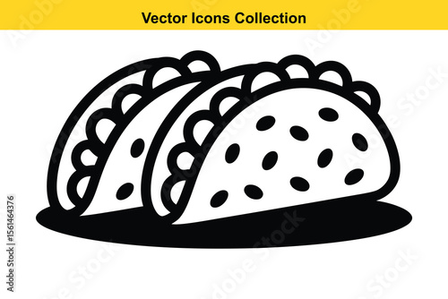Stylized black and white icon of three delicious tacos on a plate