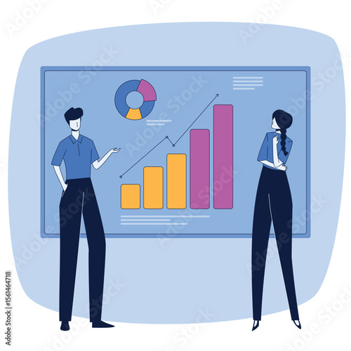 Business strategy concept illustration. Man and woman look at a board with graphs and charts