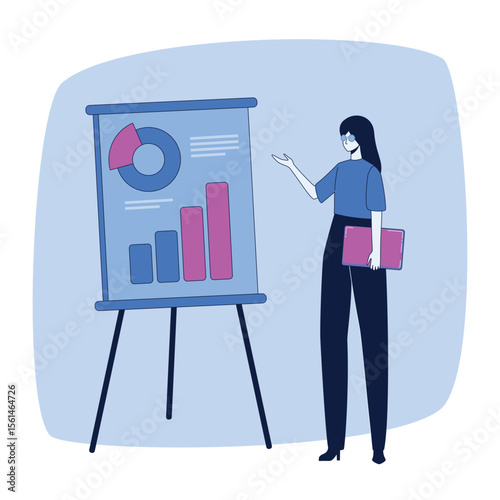 Business presentation concept illustration. Businesswoman presents a business development strategy