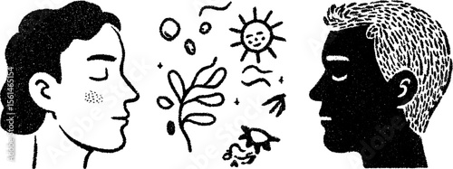 Abstract faces with nature and sun doodles in grunge style