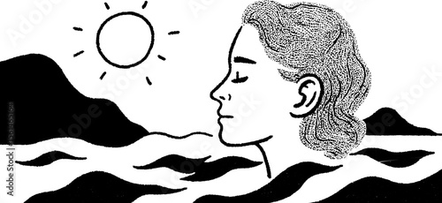 Serene mountain lake with sun and woman's profile in artistic style for design