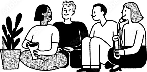 Casual gathering of four friends with drinks and plant
