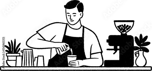 Barista crafting coffee in café setting with minimalist sketch design for art lovers