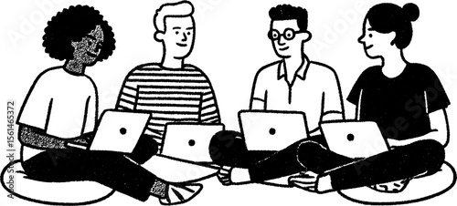 Collaborative brainstorming session with group sitting on floor