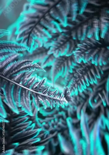 Wallpaper Mural Vertical cyber garden: silvery ferns with azure glow tremble in the breeze, dew drops shimmer, 4K 60 fps, smooth infinite zoom for stocks, AR backgrounds, music videos and stream overlays. Torontodigital.ca