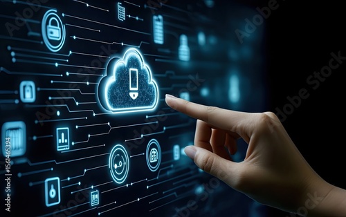 Hand points to a glowing cloud icon on a digital interface, surrounded by other technology icons