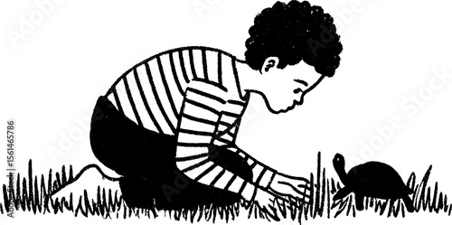 Child kneeling beside turtle in nature setting for children's book design