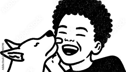 Joyful moment of child laughing as dog licks face - fun and wholesome sketch art