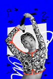 Trend artwork banner sketch 3D photo collage of concept paint fashion crazy element young lady model posing hand hold hairdo tail abstract
