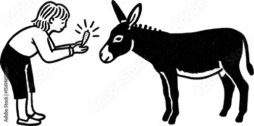 Child feeding carrot to donkey sketch art for children's storybook design