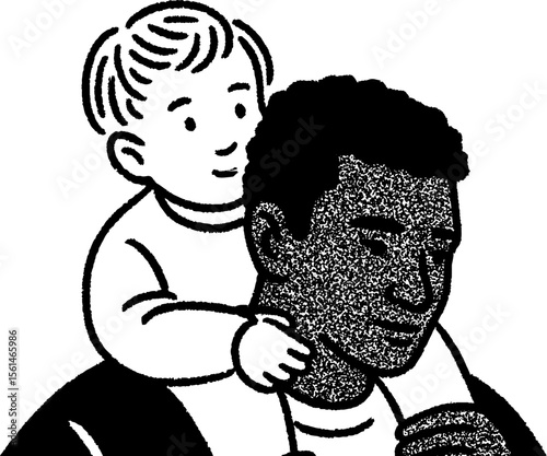 Heartwarming moment of a child on parent's shoulders in a sketch style