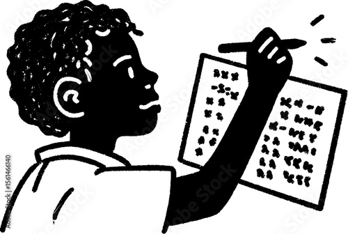 Child solving math problems on blackboard