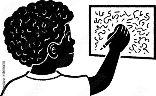 Child drawing math on blackboard with crayon and chalk for educational concepts