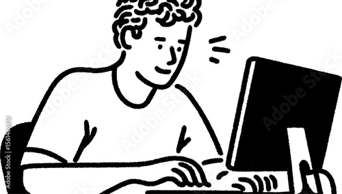 Coder reviewing pull requests on computer screen in hand drawn sketch