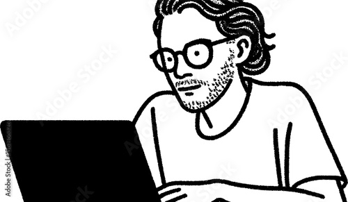 Sketch of coder reviewing pull requests on a screen for tech design