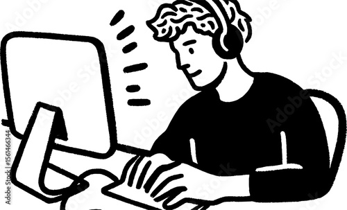 Content creator recording video with headphones and computer for creative projects