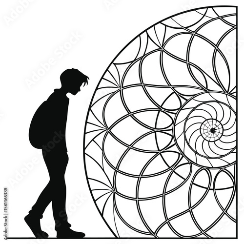 Silhouette of a person with a backpack walking past a large spiral geometric design in black and white