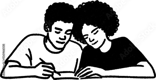 Couple bonding over shared drawing activity with sketch style art
