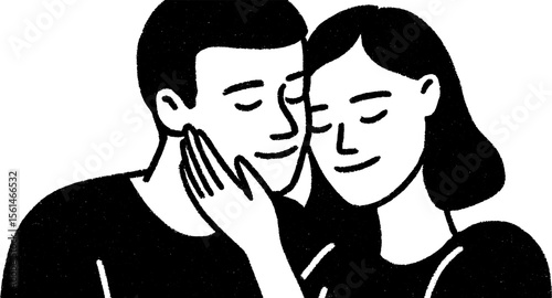 Tender moment: couple embracing with touching faces in sketch style