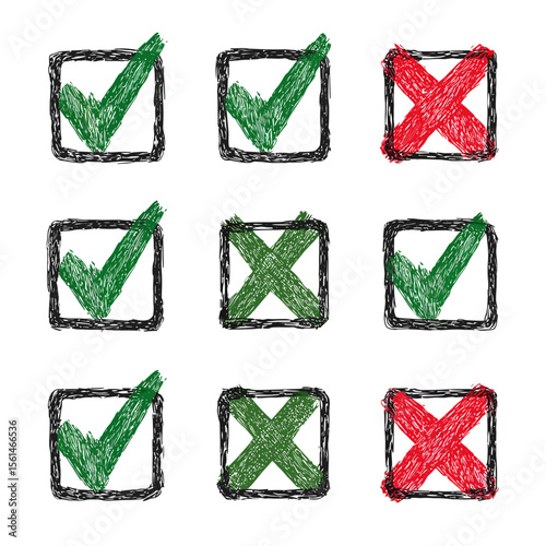 Right and Wrong Decision: A grid of hand-drawn check marks and cross marks, representing choices, decisions, or approvals.